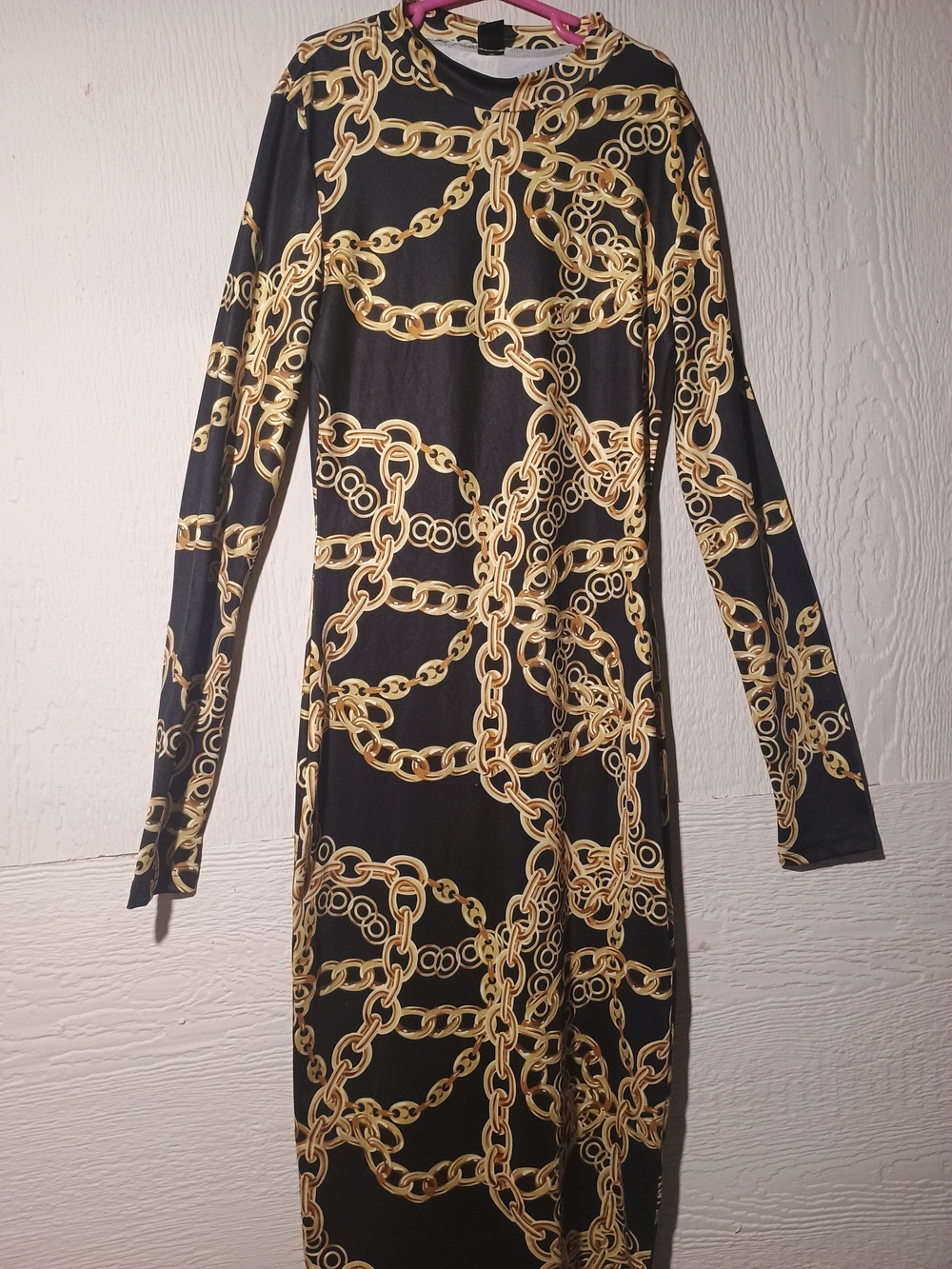 SHEIN Black Long-Sleeve Dress with Gold Chain Print